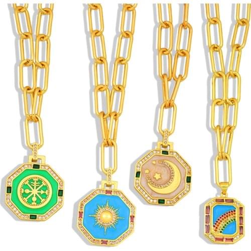 Geometric Hexagon Pendant Necklace for Women Party Gift Sun Moon and Star Jewelry Link Chain Neckalces Zirconia collar arcoiris