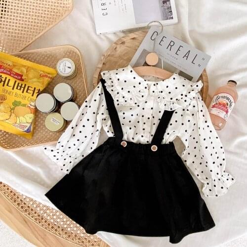 Kids Outfit Spring Autumn Girls Princess Clothes Set Baby Children Long Sleeve Dot Polka Tops Shirt+Overall Dress Suit S12072