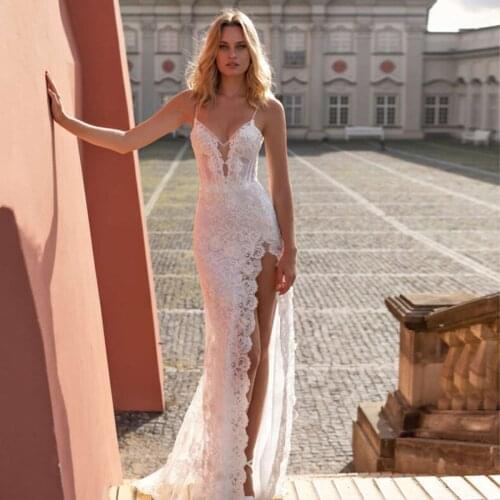 Spaghetti Strips Lace Bohemia Wedding Dresses Beach Split Side Long Natural Waistline Bridal Gowns Custom
