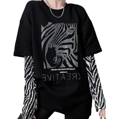 100% Cotton Hot Drilling Long Sleeve Spring Clothes New Harajuku Style Ins Zebra Pattern Stitching Fake Two T-shirt Women Tops