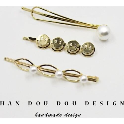 Cute vintage retro smile round face pearl hairgrips hairclips barrette hair grips clips pins accessories