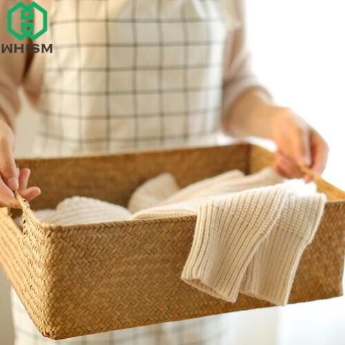 Handmade Rectangular Wicker Basket with Handles Fruit Snack Toys Picnic Cosmetics Storage Boxes Kitchen Household Organization