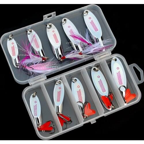 Fishing Spoon Lures 10pcs/set Metal Silver Red Heart Tail Feather Fishing Spoon Salmon Trout Hard Lure 7g 10g 14g 18g 22g