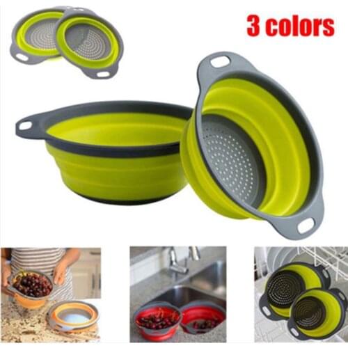 Silicone Collapsible Colander Fruit Vegetable Food Strainers with Extendable Handles, Space-Saver Folding Strainer for Kitchen