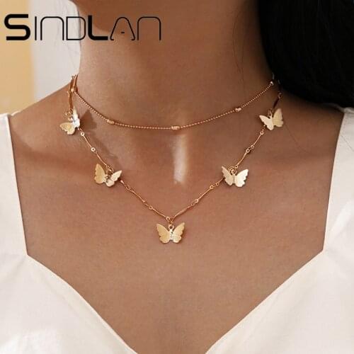 Sindlan 2Pcs Simple Full Butterfly Gold Pendant Necklace Set for Women Boho Cute Disk Animal Female Fashion Choker Neck Jewelry