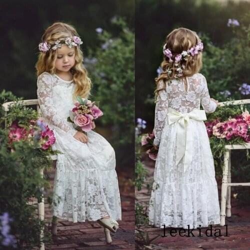 Long Sleeve Boho Flower Girls Dresses For Wedding Floor Length Lace Little Kids First Communion Dress Vintage Cheap Pageant Gown