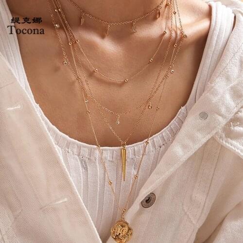Tocona Bohemian Leaf Multilayer Geometric Pendant Necklce for Women Charms Coin Shiny Rhinestone Sweater Chain Jewelry 9865