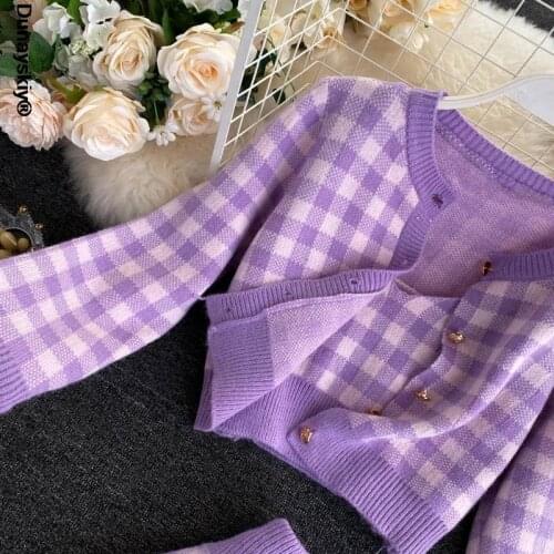 Korean Sweet Knit Plaid Cardigans + Camisole + Skirts 3pcs Sets Girls Short Sweater Coat + Vest + Mini Skirt Suits Women Outfits