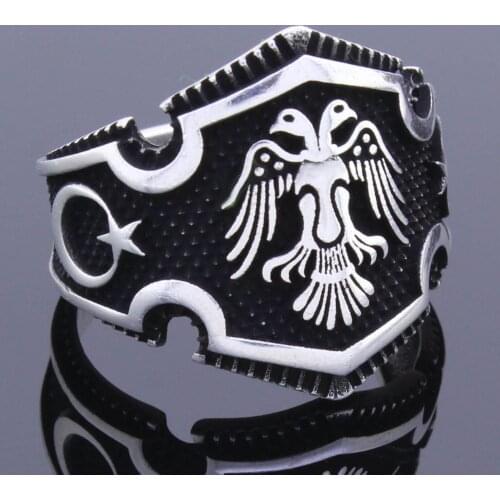 Solid 925 Sterling Silver Turkish Double Headed Eagle Mens Ring