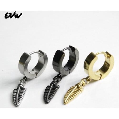 UVW166 2pc Punk Stainless Steel Hoop Earrings for Women Men Black Color Ear Clip Leaf Dangle Earrings Pendientes Brincos