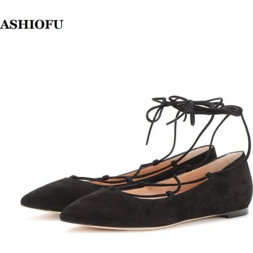 ASHIOFU Hot Sale Handmade Womens Flat Shoes Cross Ankle Strap Casual Ballets Shoes Pointy Faux-leather Evening Party Flat Shoes