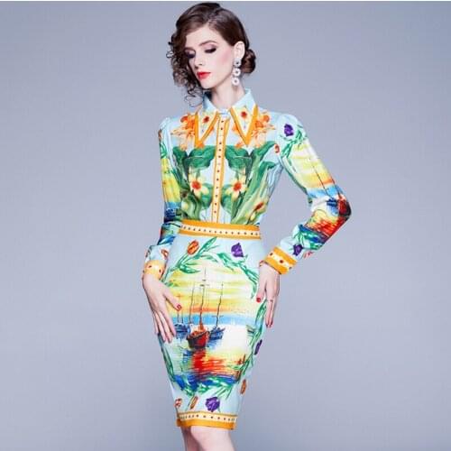 2020 Fall Long Sleeve Outfits Bright-colored Women 2 piece Set Painting Print Blouse and Vintage Bodycon Skirt Set for Office