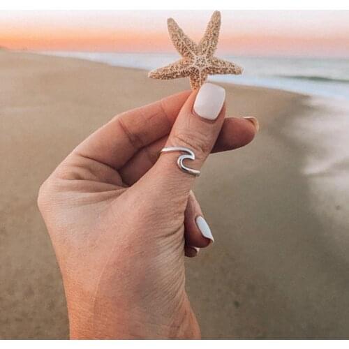 Fashion Ocean Wave Silver color Rose Gold Ring for women Couple Beach Sea Surfer Personality Adjustable Opening rings Gifts