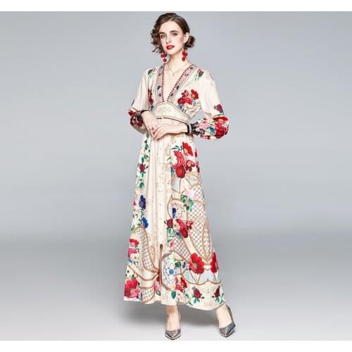 Autumn Vintage Runway Floral Print Long Dress Women Sexy Deep V-Neck Buttons Split Lantern Sleeve Elastic Waist Maxi Dress