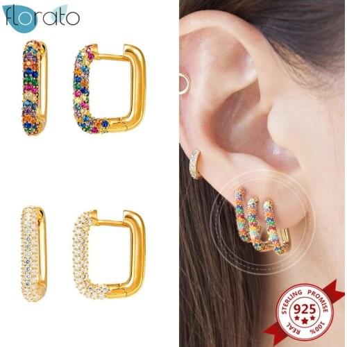 1PC Charming Colorful Zircon Square Hoop Earring for Women 925 Sterling Silver Geometric Ear Buckles Earrings Fashion Jewelry