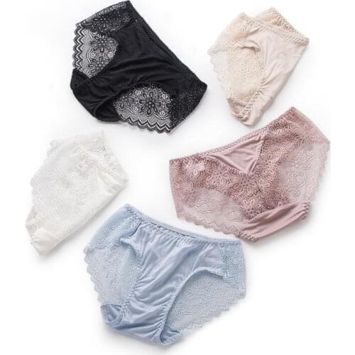 4 pack 100% Knit Silk Womens Sexy Lace Briefs Panties Underwear Lingerie M L XL SS003