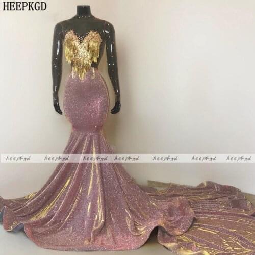 Dusty Rose Shiny Mermaid African Evening Dress Long Sleeves Sweep Train With Gold Tassel See Through Sexy Special Occasion Gown