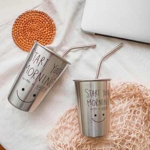 Korean INS style simple and lovely smiling face stainless steel water cup retro industrial style cup cold drink juice coffee cup