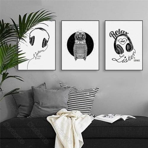 Canvas Painting Poster Print Cartoon Black and White Astronauts Earphones Quote Relax and Listen for Home Rooms Gallery Decorati