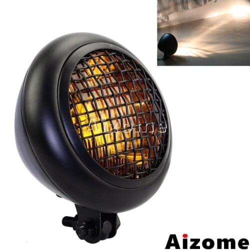 Black Vintage Style 6.5" Universal Motorcycle Custom Mesh Grill Headlight Cafe Racer Amber Glass Lens Headlamp