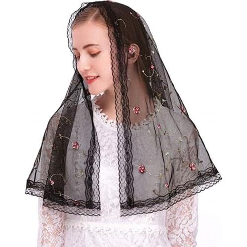 D Shape Mantilla Veils Catholic Women Head Covering For Church Flowers Embroidered Spanish Floral Lace Ivory Black TQ2113