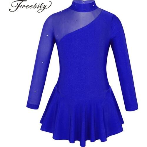 Kids Girls Rhinestone Tulle Splice Long Sleeve Figure Ice Skating Dress Children Ballet Gymnastics Leotard Dance Costume