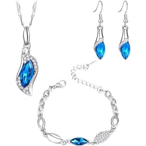 3pcs of Earring Bracelet Necklace Blue Crystal Alloy Necklaces Set for Women Elegant Party Gift Jewelry Collier Femme Drop Ship