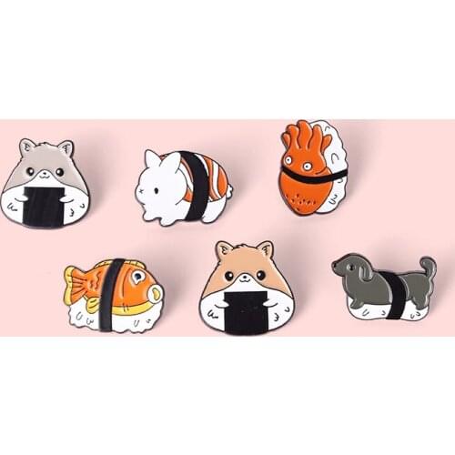 Creative Cartoon Hamster Sushi Metal Enamel Brooch Cute Octopus Rabbit Dog Snapper Badge Fashion Lapel Backpack Jewelry Gift