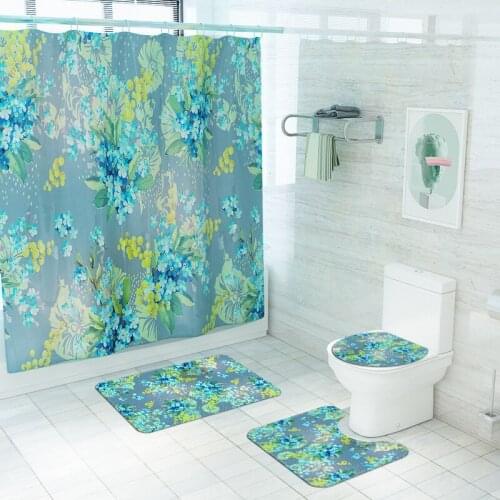 Floral Non-slip Mat For Bathroom Polyester Waterproof Shower Curtain and Bath Mat Set Waterproof Bathroom Curtain with Hooks Set
