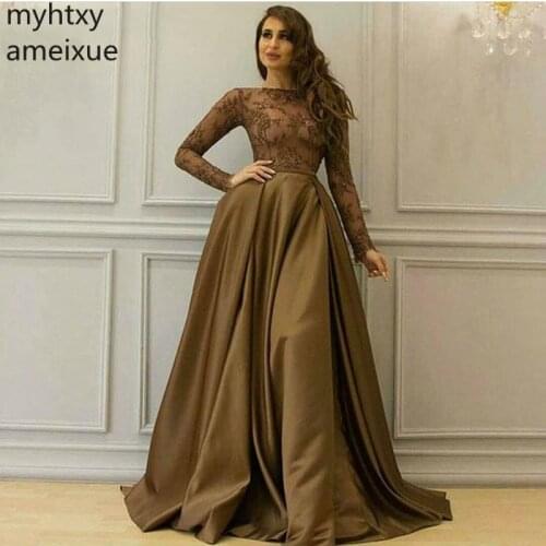 New High Neck Plus Size Long Sleeve Brown Evening Dress Dubai Kaftan Gowns A-line Formal Vestido De Noche Largo Robe De Soiree