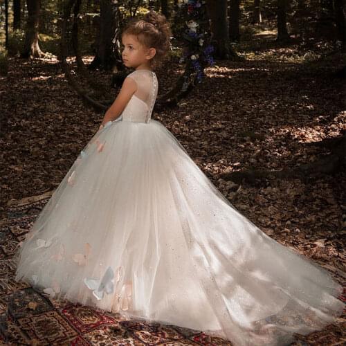 Ivory Tulle Flower Girl Dress Fancy Butterfly Decoration Sheer Neckline Cap Sleeves Kids Pageant Ball Gowns with Rhinestones