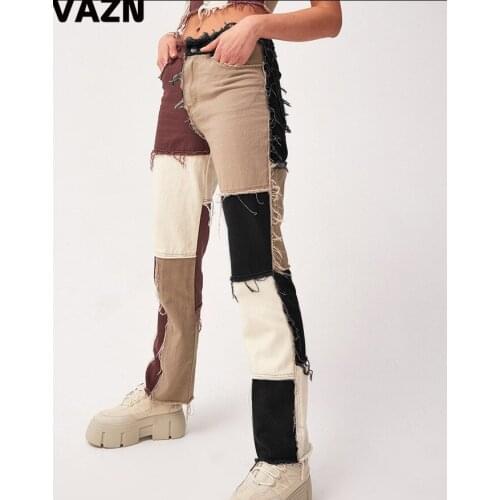 VAZN 2020 Hot Popular Patchwork Straight Jean Young Daily Regular High-end Free Casual Designer Women Long Straight Pants