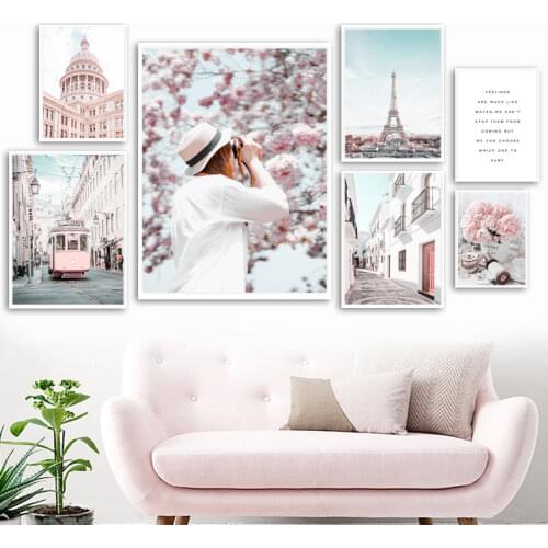 Cherry Blossoms Girl Tram Paris Tower Sky Nordic Posters And Prints Wall Art Canvas Painting Wall Pictures For Living Room Decor