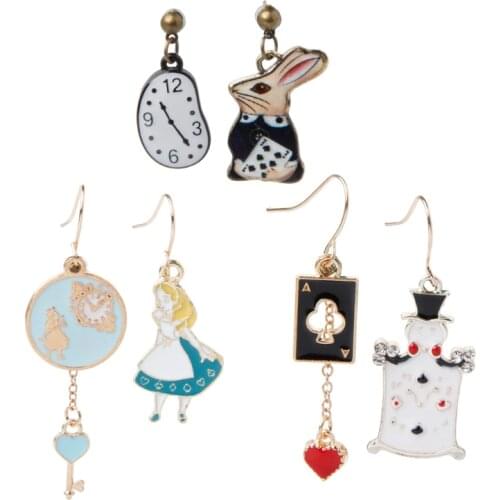 Rabbit Clock Poker Party Cartoon Icon Earrings Alice in Wonderland Stud Earrings