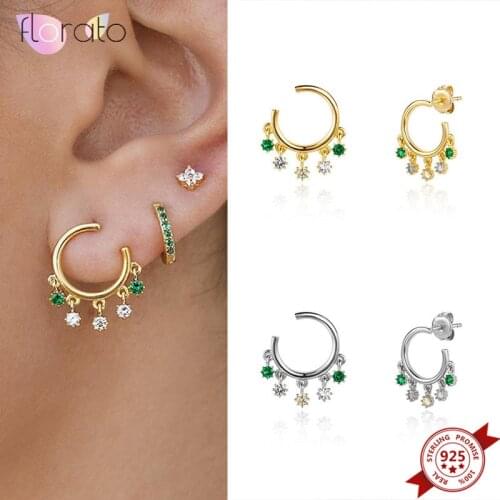 925 Sterling Silver Ear Needle Green Crystal Stud Earrings for Women C Type Shiny CZ Earrings Fashion Girls Office Daily Jewelry