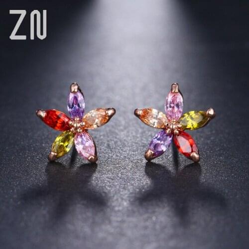 ZN New Multicolor Stones CZ Earrings For Womens Flower AAA Cubic Zirconia Crystal Rose Gold Color Studs Earings