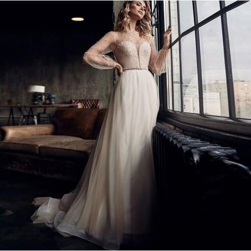 A-Line Weddding Dresses Cut-Out Illusion Detachable Puff Sleeve 2020 Latest Version Design Fashion Floor Length Bridal Gowns
