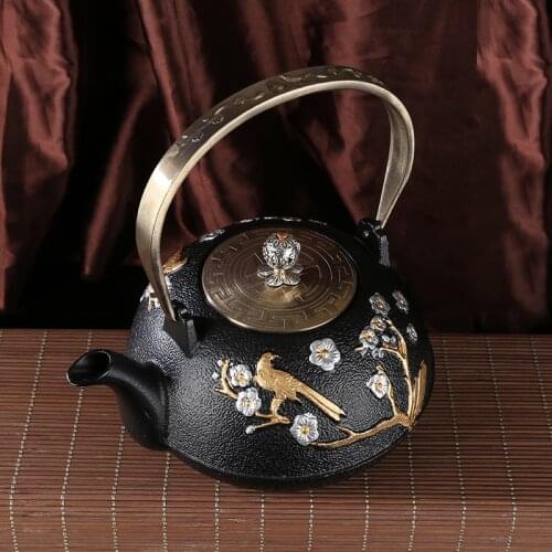 Japanese Style Iron Teapot Uncoated Handmade Retro Pine Tree Plum Blossom Black Delicate Decorative Household Tea Making Kettle