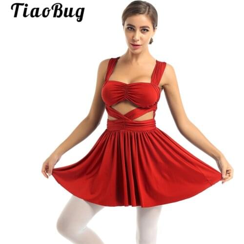 Women Wide Shoulder Straps Waist Cut Out Flared Dresses Stage Performance Contemporary Lyrical Dance Costume Modern Ballet Dress
