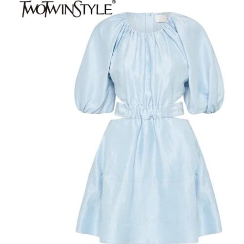 TWOTWINSTYLE Hollow Out Lace Up Dress For Women O Neck Puff Sleeve High Waist Mini Summer Dresses Female Fashion New Clothing