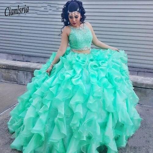 Two piece Turquoise Quinceanera Dresses Prom Beaded Crystal Organza Ball Gowns Sweet 16 Gowns Formal Dress for 15 year ballkleid