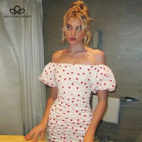 Bella philosophy Women Dress Summer Off Shoulder Sexy Dress Puff Sleeve Red Heart Print Dress Tight Style Mini Party Dresses