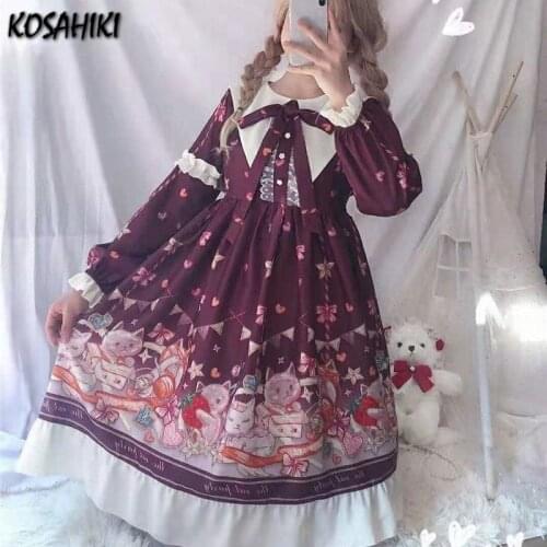 KOSAHIKI Japanese Lolita Girly Dress 2021 Kawaii Cute Vintage Ruffle Bow J2K Cartoon Print Dresses Women Sweet Cosplay Vestido