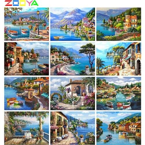 ZOOYA DIY 5D Diamond Painting Seaside Town Cross Stitch Diamond Embroidery Seaside Landscape Full Square Rhinestones Home Decor