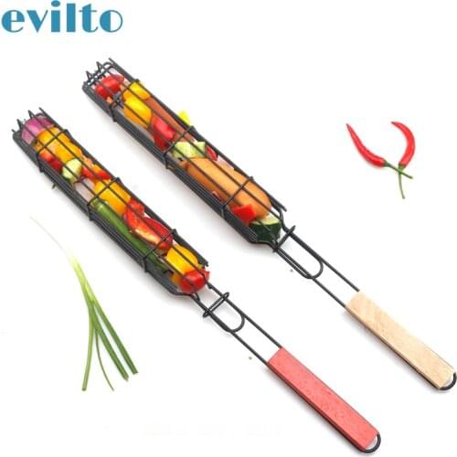 1pcs Grilling Cage Portable BBQ Grill Basket Reusable Durable Anti-Corrosion Wooden Handle Barbecue Tool Kitchen Camping Supplie