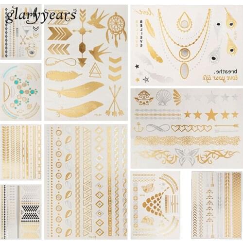10 Sheets Flash Metallic Gold Tattoo Temporary Sticker Feather Lace Star Design Necklace Jewelry Makeup Tattoo Female Decal 2019