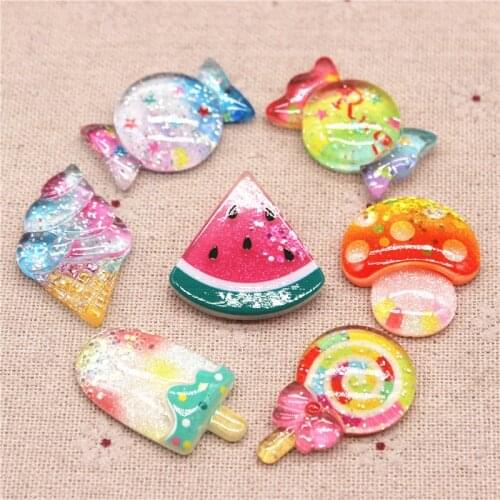 10pcs Kawaii Ins Style Resin Bling Candy/Lollipop/Ice cream/Watermelon Cabochon DIY Home Craft Decoration Accessories