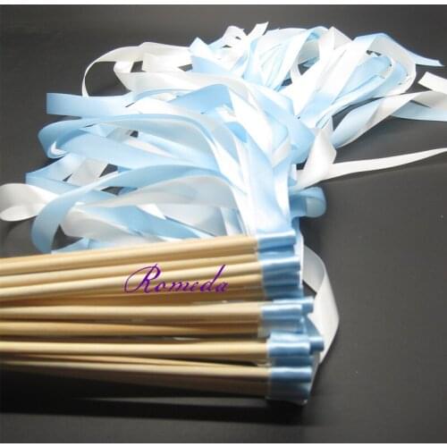 50pcs/lot Light blue and white stain wedding ribbon wands without bell ribbon Twirling Streamers