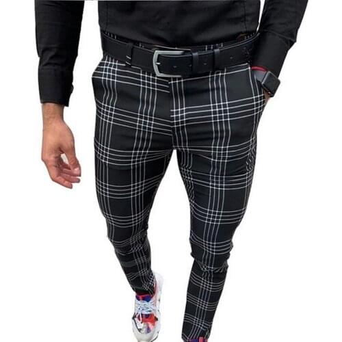 2021 Mens Large Plaid Stripe Casual Pants Social Slim Fit Black Trousers Zipper Mid Waist Skinny Business Male Spring Stretchy