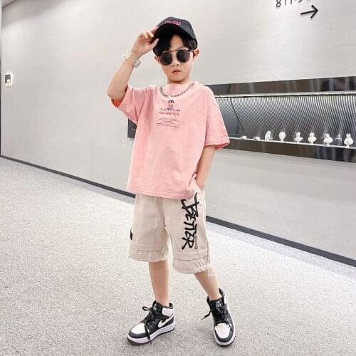 Childrens clothing summer boys 2pcs cotton suit new short-sleeved T-shirt trousers new medium and big childrens top